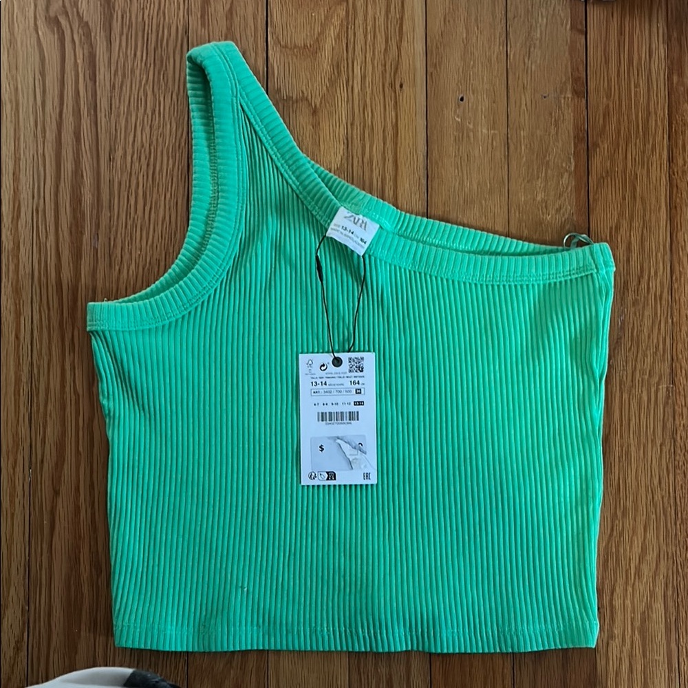 Zara Green Ribbed One-Shoulder Top